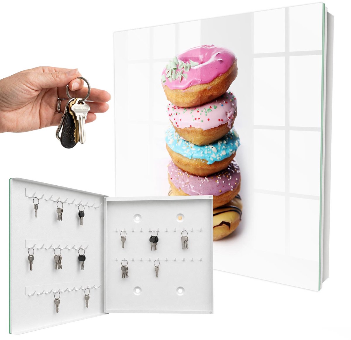 WallMuralia - Sleutelkast - 30x30x5 cm - met 50 haken - Kleurrijke Donuts Sleutelkastje Voor Binnen - Roze Sleutelbox - Linksopenend - Wit interieur