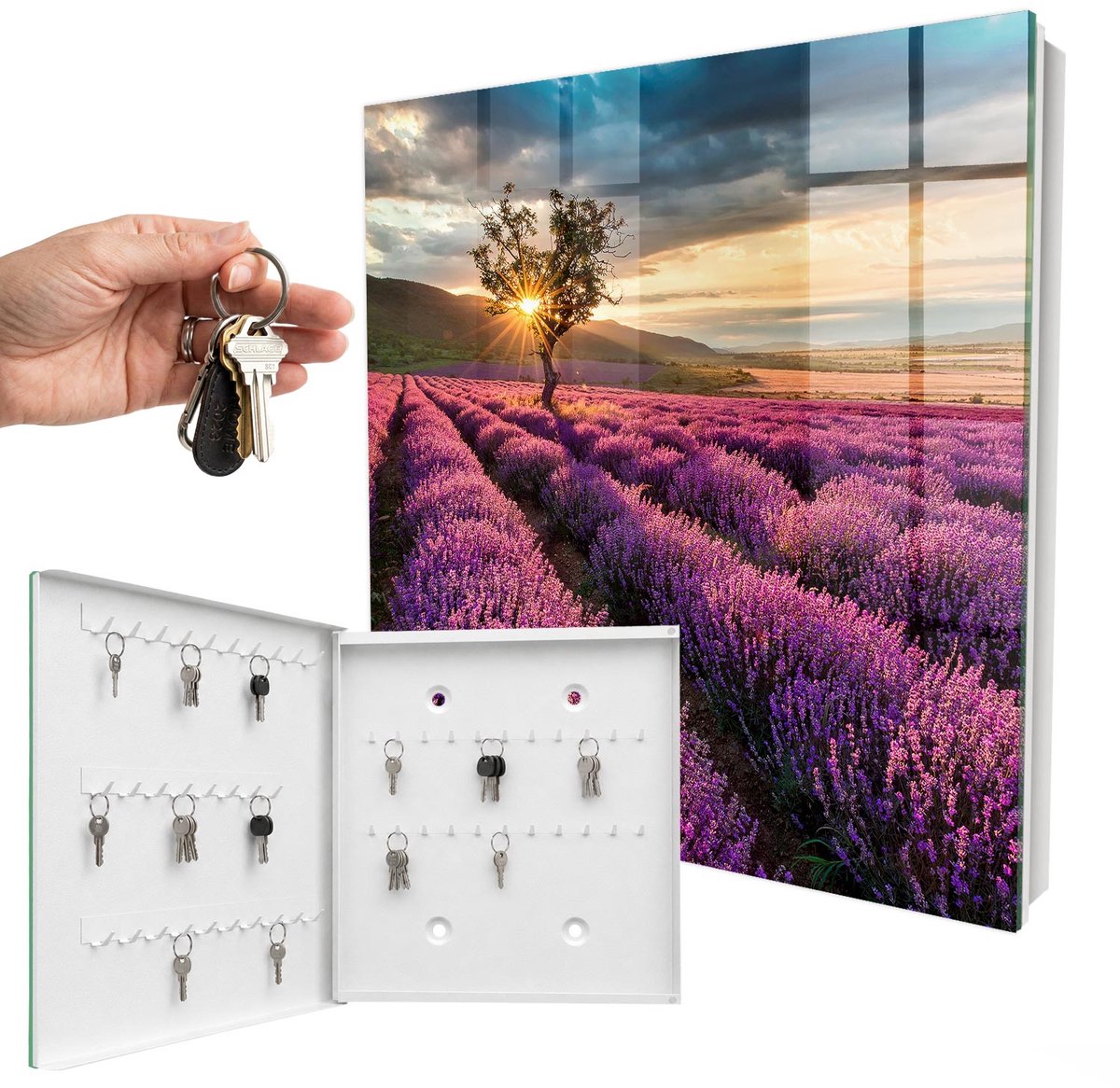WallMuralia - Sleutelkast - 30x30x5 cm - met 50 haken - Lavendelzonsondergang Sleutelkastje Huis - Paars Sleutelbox - Linksopenend - Wit interieur
