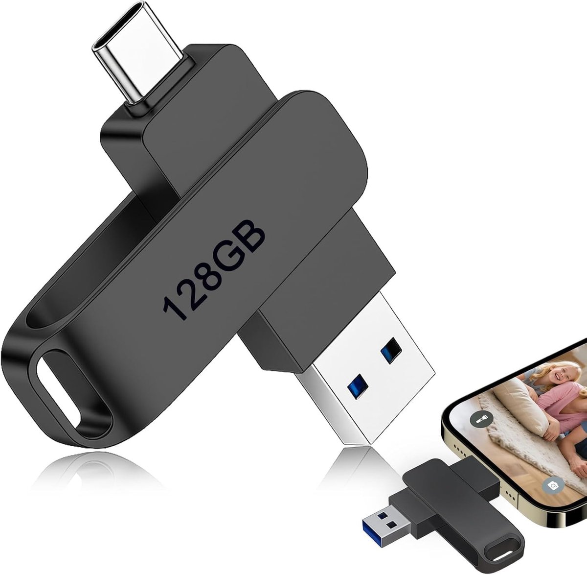C Stick 128GB Geheugenstick 2 In 1 Dual Type C En USB 3.0, Flash Drive Metaal Draaibaar OTG Hoge Snelheid, Fotostick Externe Opslag Compatibel Met iPhone 15 16 Android PC Tablet Laptop