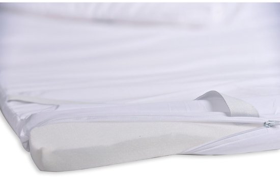 Gros plan détaillé d'un surmatelas blanc en mousse à mémoire de forme Nasa avec housse zippée.