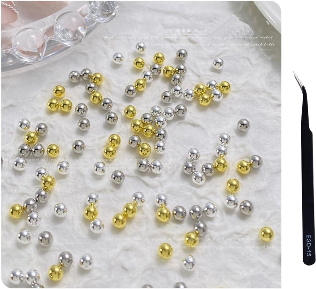 8 stuks 3D Nail Art Stalen Ballen Mini Kralen Goud Zilver Nail Charm 0.6mm-3.0mm Metalen Stalen Kralen voor Vrouwen DIY Nail Art Accessoires met Pincet (Goud)