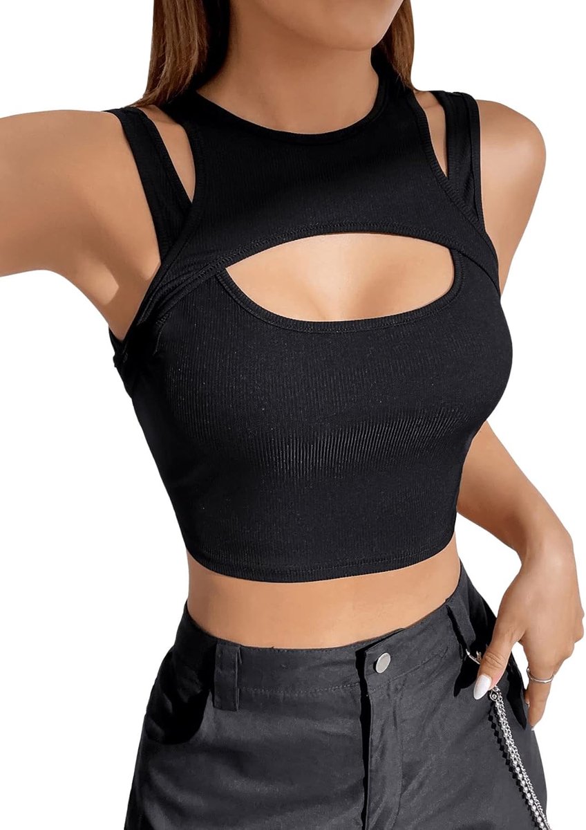 Crop Tanktop voor dames, Y2k cut-out top, buikvrije top met hals, sexy top, mouwloos tanktops