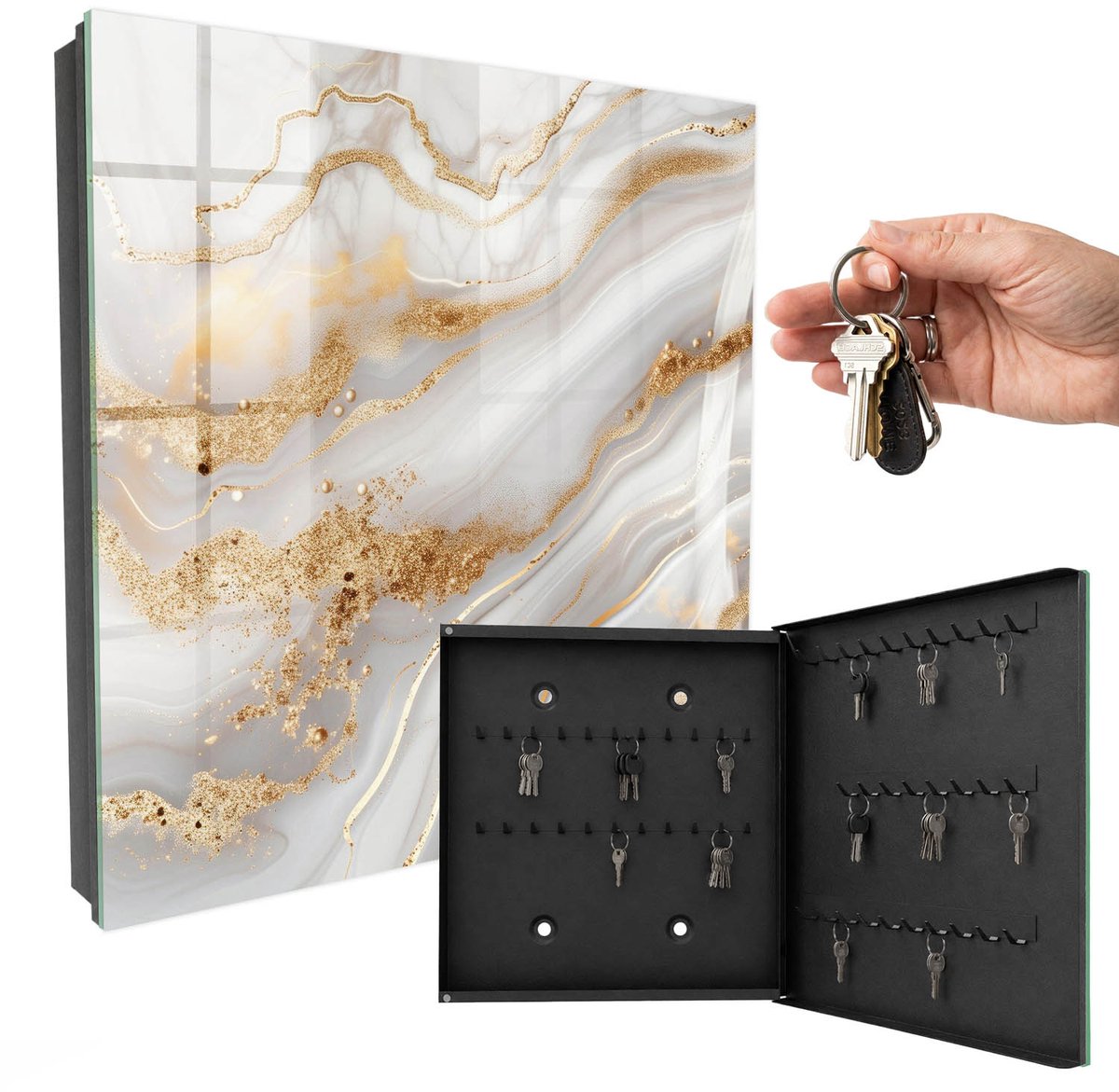 WallMuralia - Sleutelkast - 30x30x5 cm - met 50 haken - Abstracte Elegantie Leuk Sleutelkastje - Wit Sleutelbox - Rechtsopenend - Zwart interieur