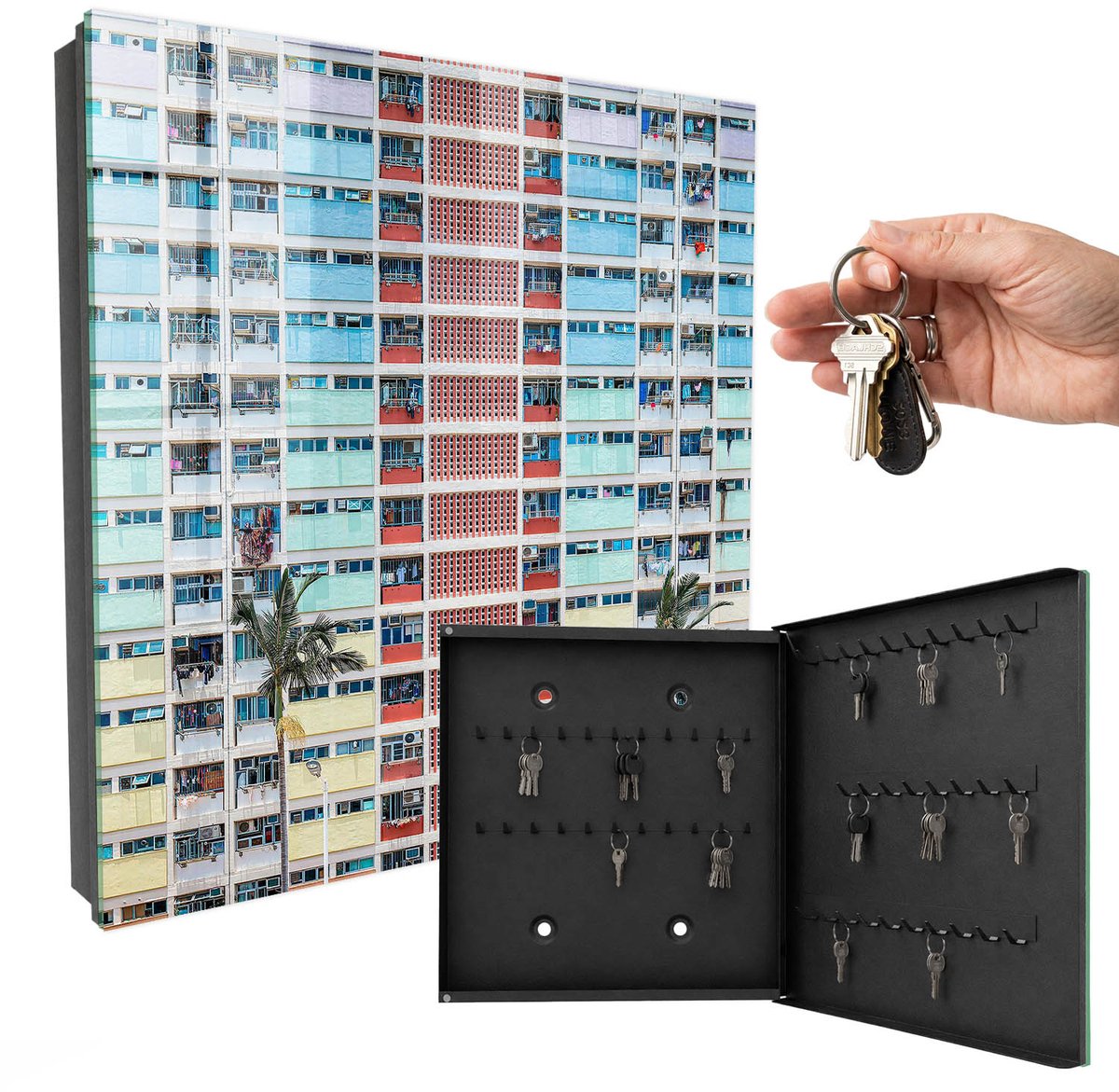 WallMuralia - Sleutelkast - 30x30x5 cm - met 50 haken - Kleurrijke Architectuur Sleutelkastje Landelijk - Rood Sleutelbox - Rechtsopenend - Zwart interieur