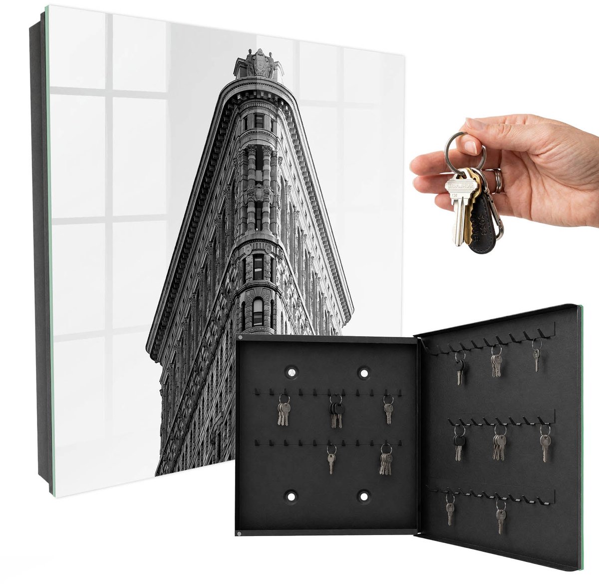 WallMuralia - Sleutelkast - 30x30x5 cm - met 50 haken - Hoogwaardige Architectuur Sleutelkastje Voor Binnen - Grijs Sleutelbox - Rechtsopenend - Zwart interieur