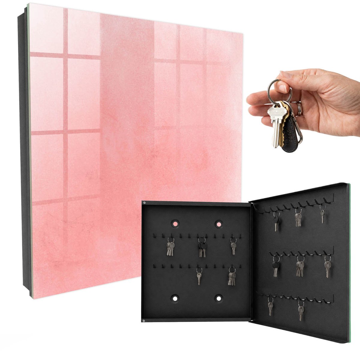 WallMuralia - Sleutelkast - 30x30x5 cm - met 50 haken - Roze Achtergrond Leuk Sleutelkastje - Roze Sleutelbox - Rechtsopenend - Zwart interieur