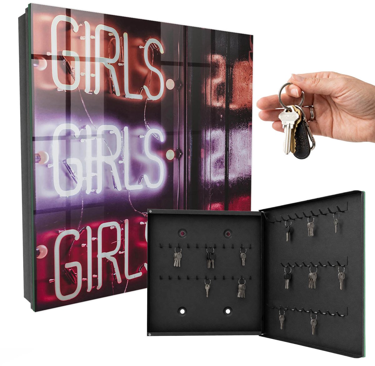 WallMuralia - Sleutelkast - 30x30x5 cm - met 50 haken - Neon Opschrift Leuk Sleutelkastje - Paars Sleutelbox - Rechtsopenend - Zwart interieur