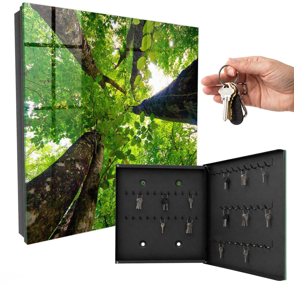 WallMuralia - Sleutelkast - 30x30x5 cm - met 50 haken - Boshemel Sleutelkastje Huis - Groente Sleutelbox - Rechtsopenend - Zwart interieur