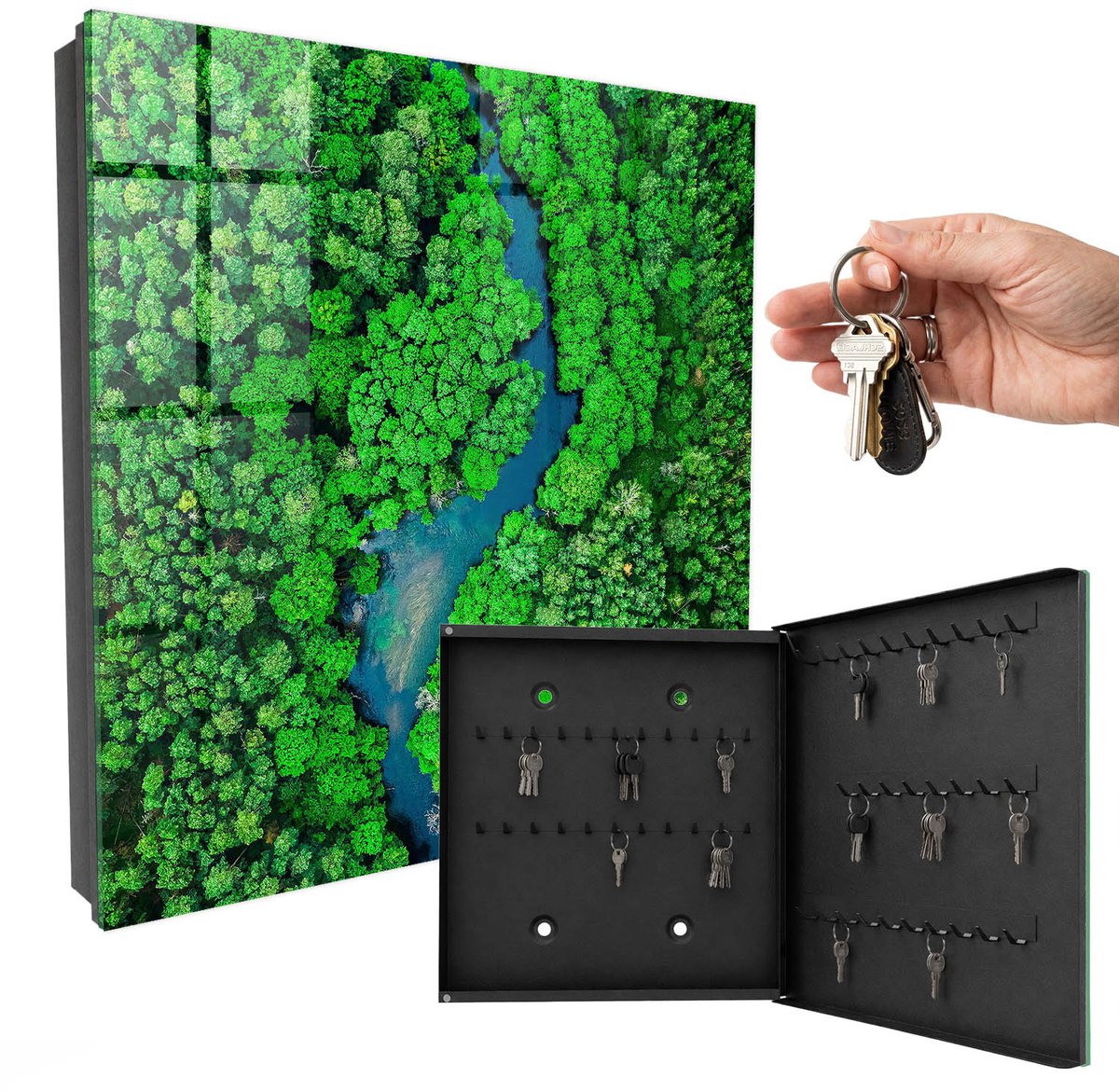 WallMuralia - Sleutelkast - 30x30x5 cm - met 50 haken - Groene Bossen Sleutelkastje - Groente Sleutelbox - Rechtsopenend - Zwart interieur