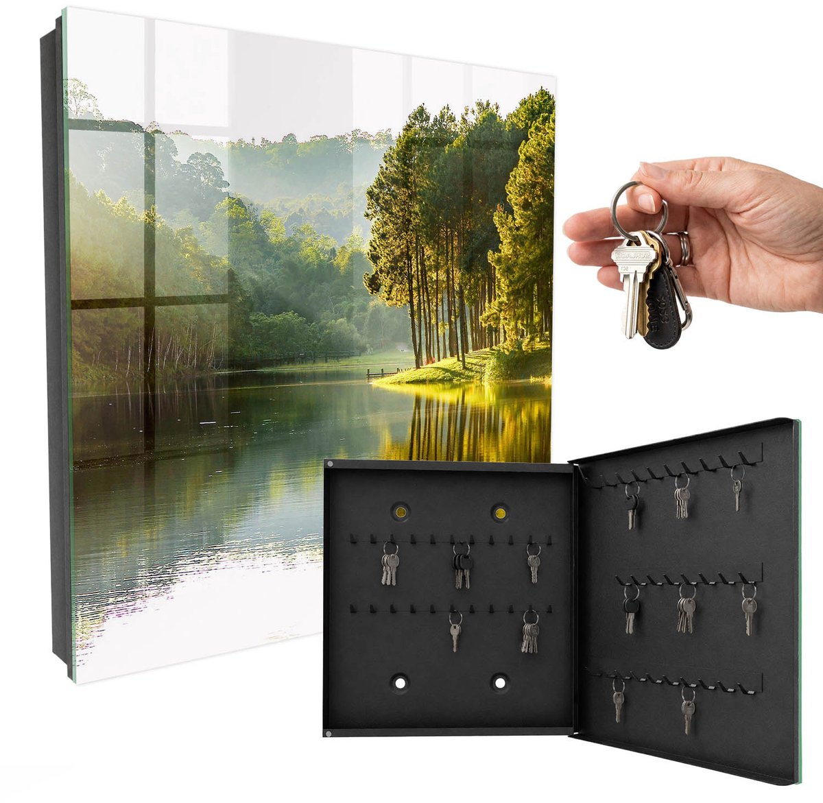 WallMuralia - Sleutelkast - 30x30x5 cm - met 50 haken - Groen Landschap Design Sleutelkastje - Groente Sleutelbox - Rechtsopenend - Zwart interieur