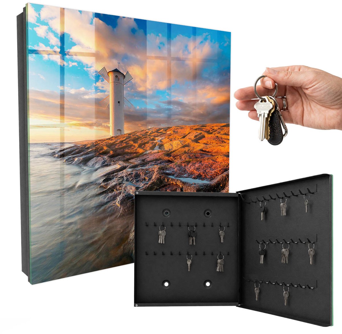 WallMuralia - Sleutelkast - 30x30x5 cm - met 50 haken - Vuurtoren Sleutelkastje Huis - Blauw Sleutelbox - Rechtsopenend - Zwart interieur