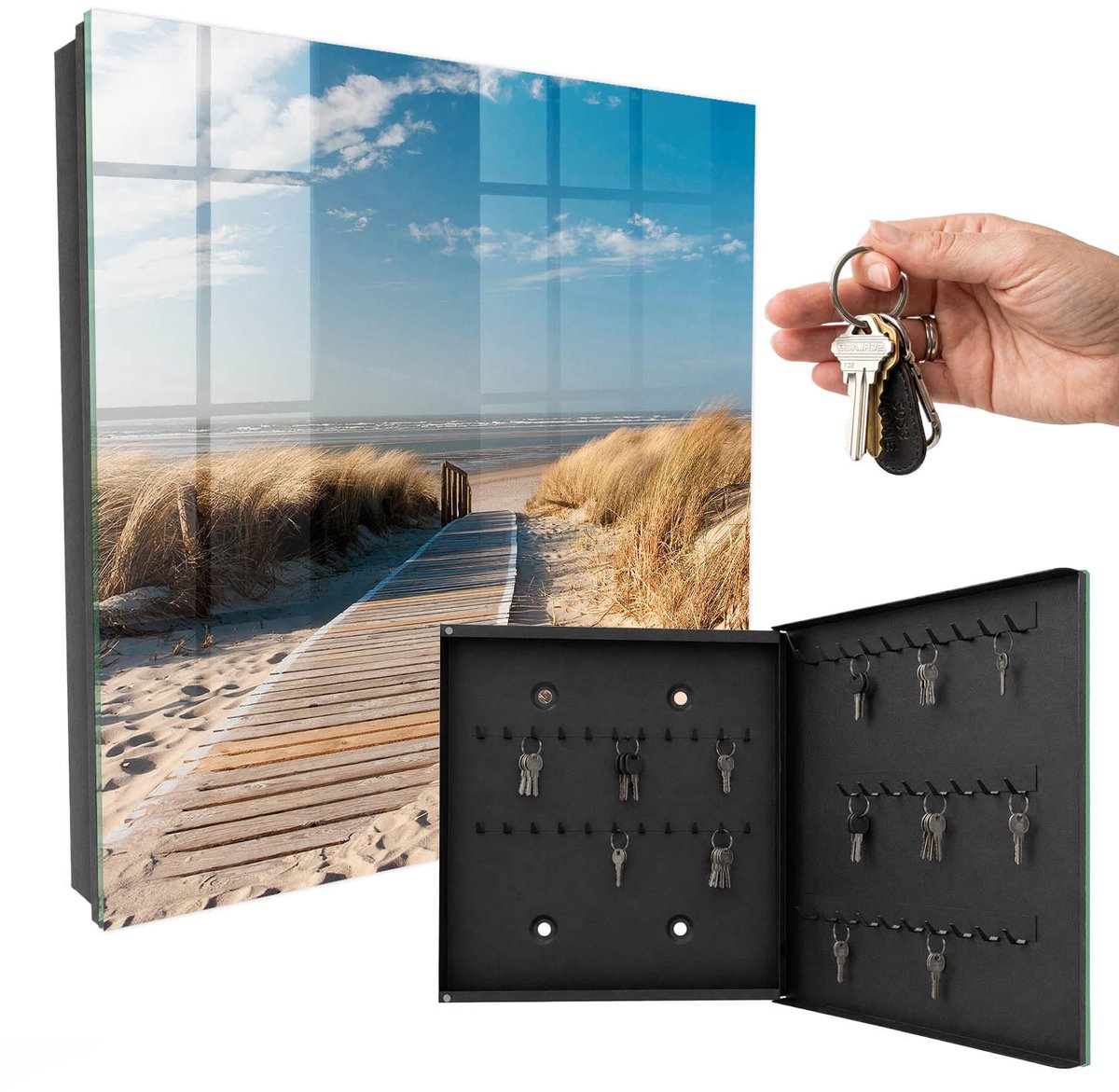 WallMuralia - Sleutelkast - 30x30x5 cm - met 50 haken - Een Rustig Strand Sleutelkastje - Blauw Sleutelbox - Rechtsopenend - Zwart interieur