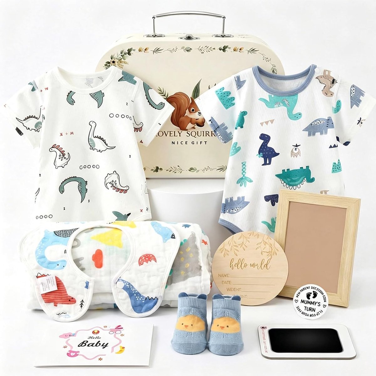 Cadeauset voor Pasgeborenen met 2 Rompers, Bib, Sokken, Mijlpaalkaarten en Fotoalbum