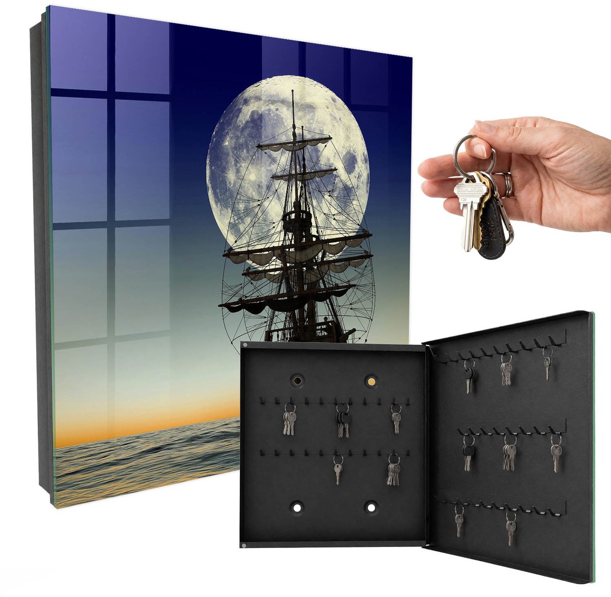WallMuralia - Sleutelkast - 30x30x5 cm - met 50 haken - Nachtzeiltochten Sleutelkastje Hal - Marine Sleutelbox - Rechtsopenend - Zwart interieur