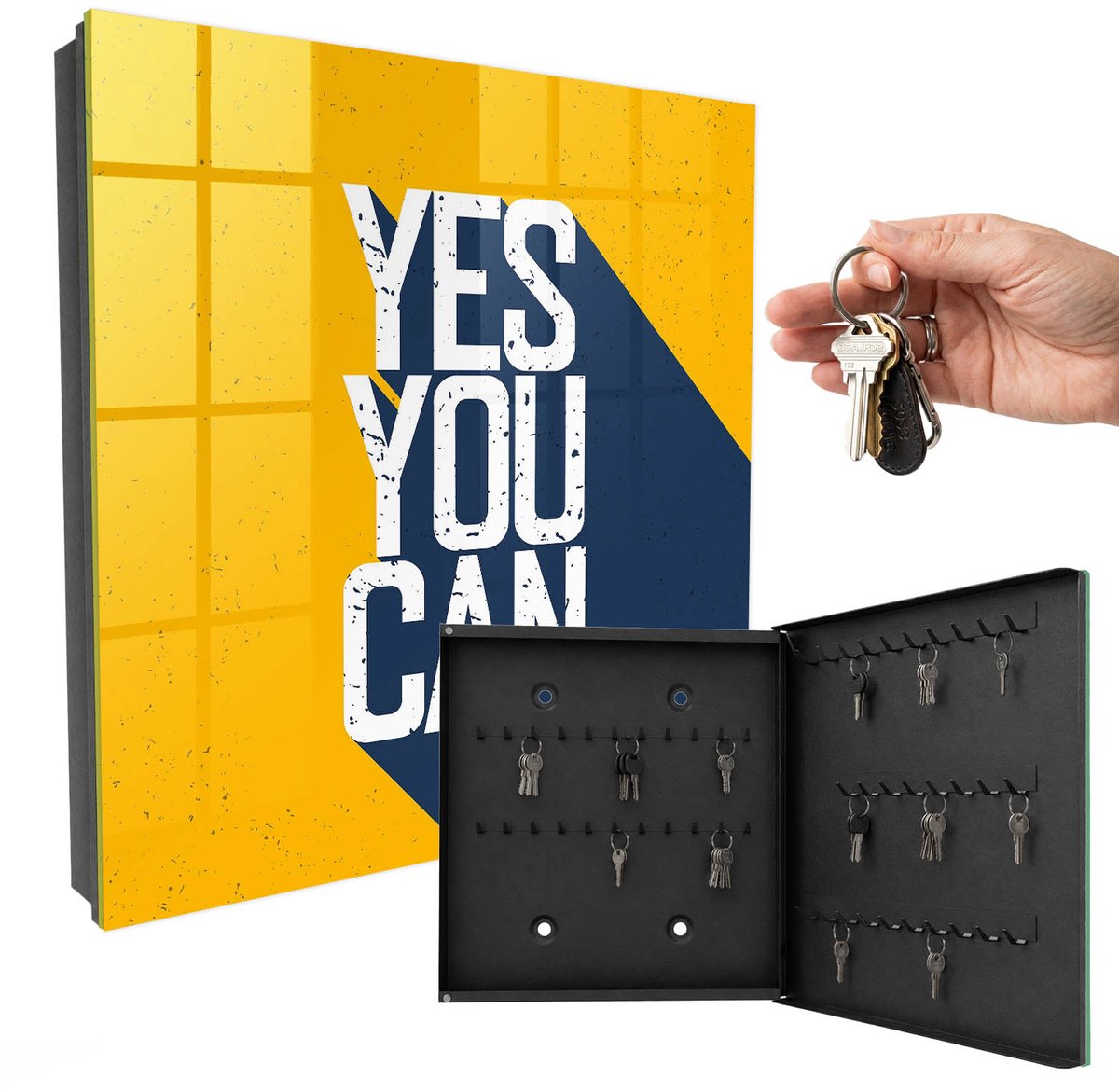 WallMuralia - Sleutelkast - 30x30x5 cm - met 50 haken - Ja, Dat Kan. Sleutelkastje Industrieel - Geel Sleutelbox - Rechtsopenend - Zwart interieur
