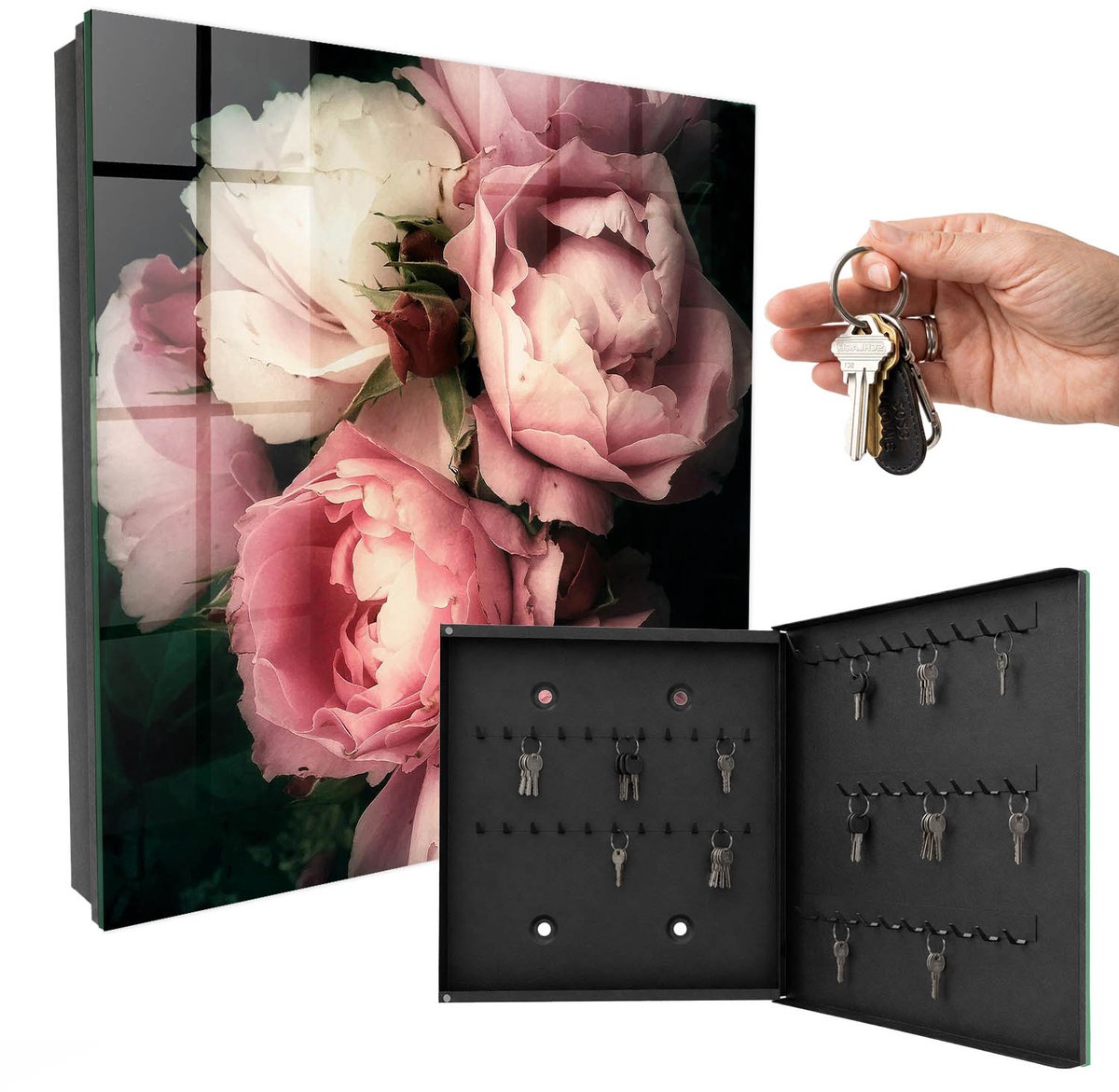 WallMuralia - Sleutelkast - 30x30x5 cm - met 50 haken - Bloemenpracht Sleutelkastje Muur - Roze Sleutelbox - Rechtsopenend - Zwart interieur
