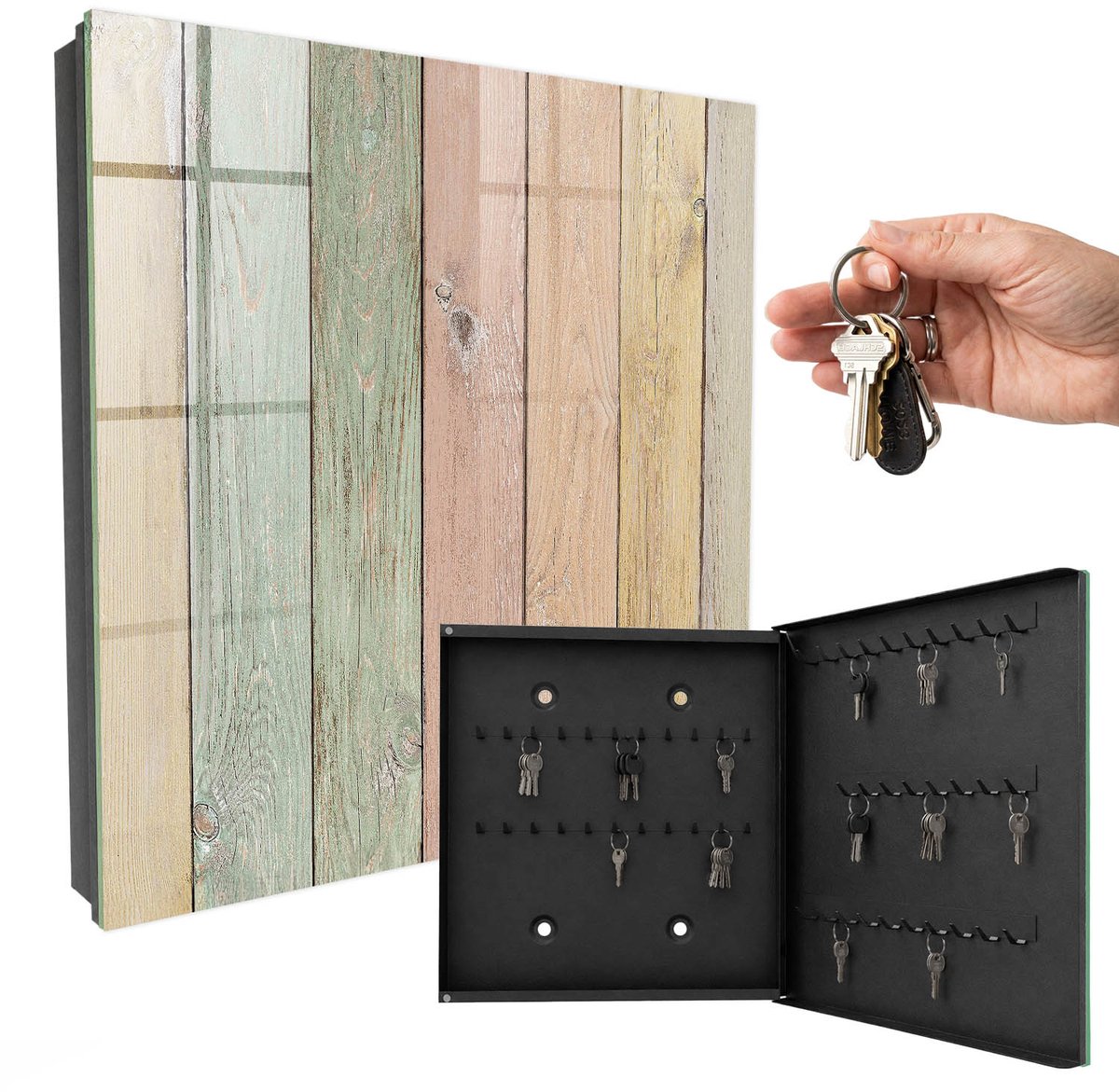 WallMuralia - Sleutelkast - 30x30x5 cm - met 50 haken - Pastelplaten Design Sleutelkastje - Beige Sleutelbox - Rechtsopenend - Zwart interieur