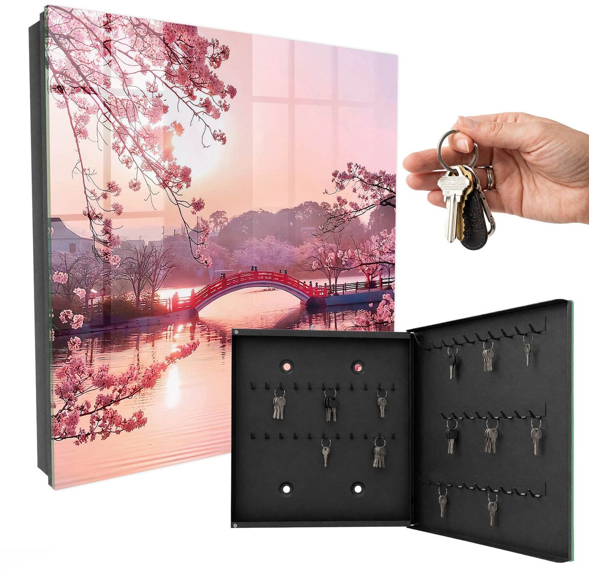 WallMuralia - Sleutelkast - 30x30x5 cm - met 50 haken - Lentebrug Sleutelkastje Klein - Roze Sleutelbox - Rechtsopenend - Zwart interieur