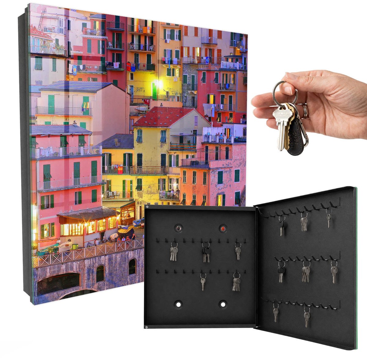 WallMuralia - Sleutelkast - 30x30x5 cm - met 50 haken - Kleuren Van De Stad Leuk Sleutelkastje - Geel Sleutelbox - Rechtsopenend - Zwart interieur
