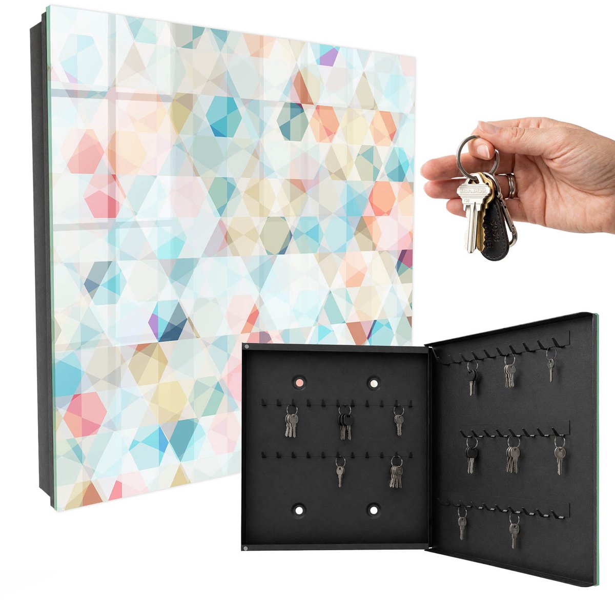 WallMuralia - Sleutelkast - 30x30x5 cm - met 50 haken - Geometrische Patronen Sleutelkastje Klein - Blauw Sleutelbox - Rechtsopenend - Zwart interieur