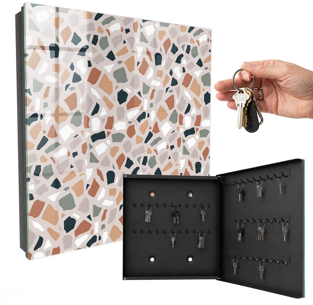 WallMuralia - Sleutelkast - 30x30x5 cm - met 50 haken - Mozaïek Van Steen Sleutelkastje Klein - Beige Sleutelbox - Rechtsopenend - Zwart interieur