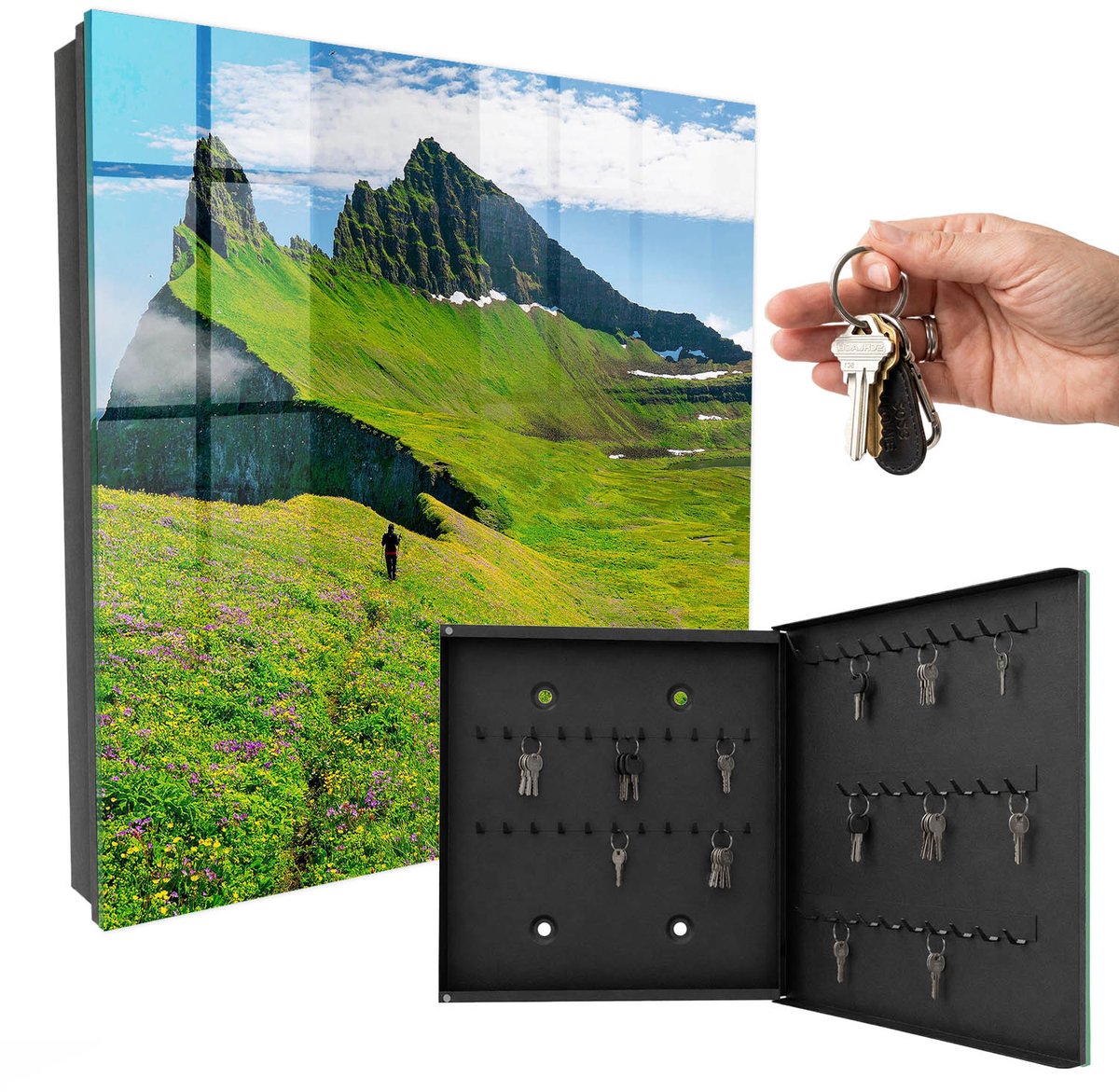 WallMuralia - Sleutelkast - 30x30x5 cm - met 50 haken - Groene Bergen Sleutelkastje Landelijk - Groente Sleutelbox - Rechtsopenend - Zwart interieur