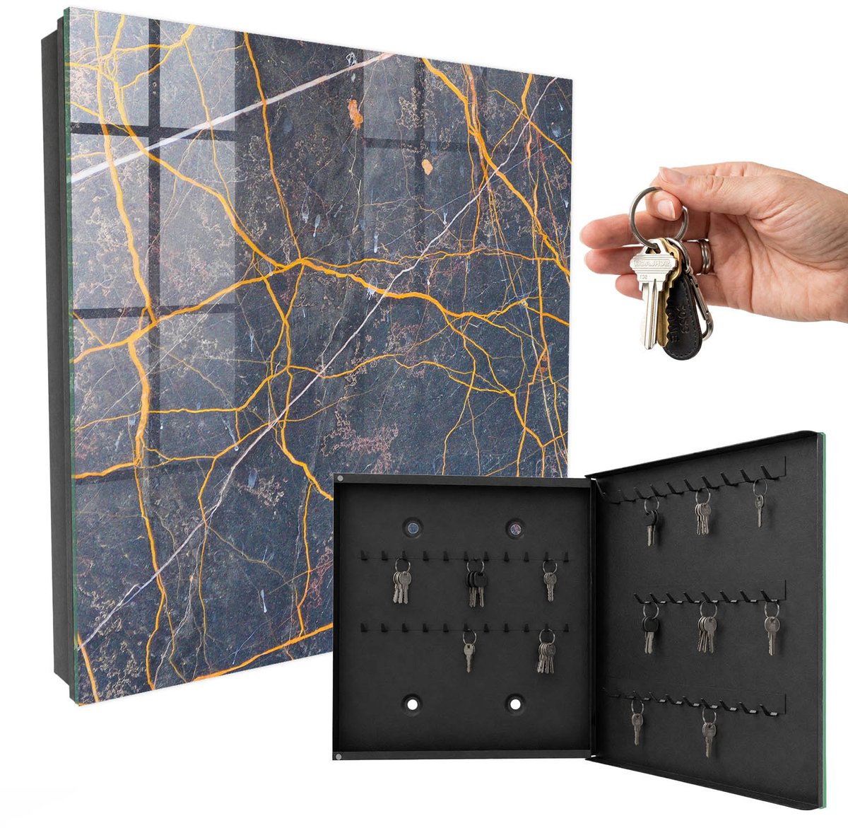 WallMuralia - Sleutelkast - 30x30x5 cm - met 50 haken - Decoratieve Lijnen Sleutelkastje Huis - Geel Sleutelbox - Rechtsopenend - Zwart interieur