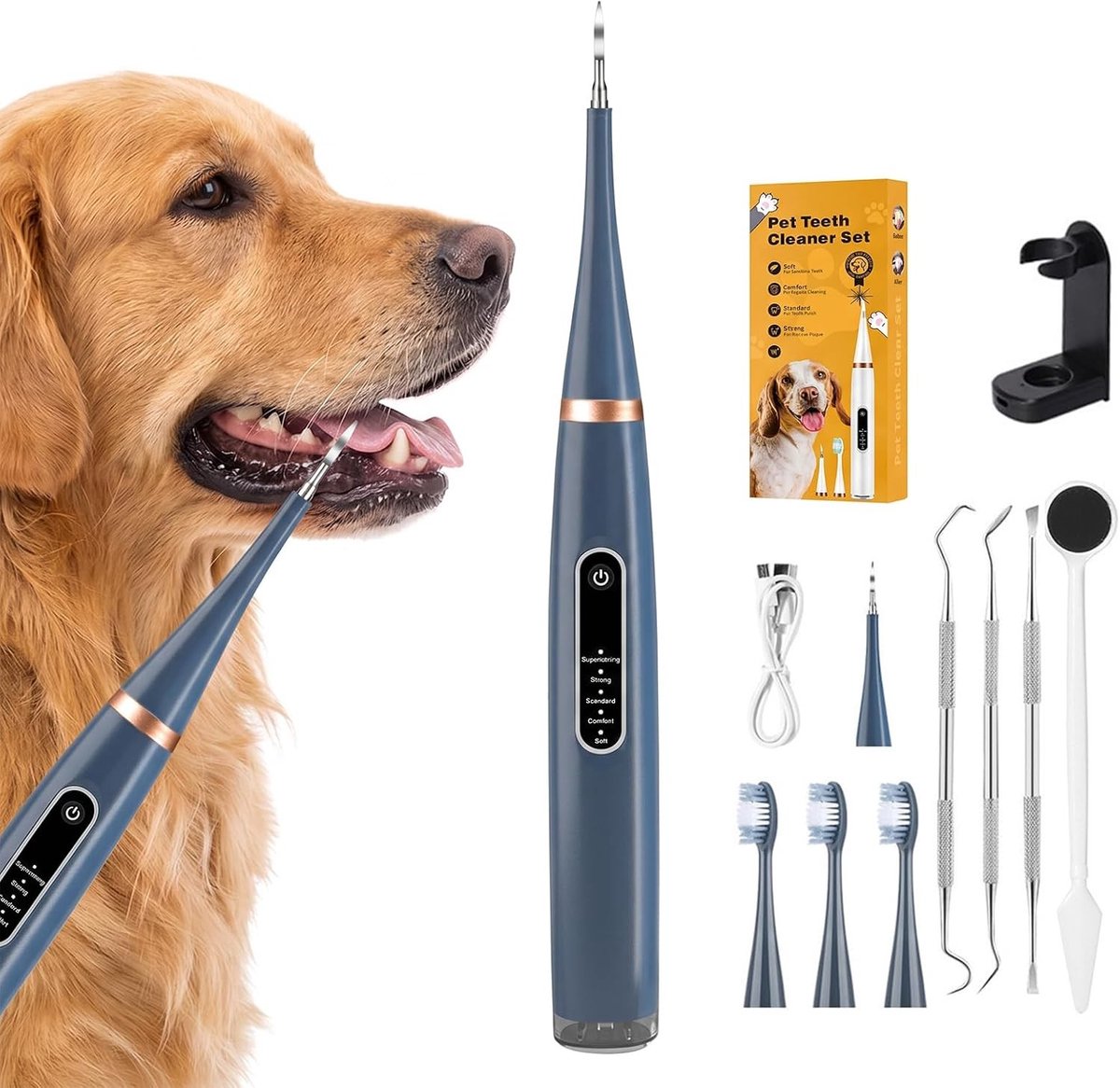 Ultrasone Tandreiniger voor Honden en Katten met 5 Reinigingsmodi, LED Verlichting en Waterproof Ontwerp, Inclusief 3 Borstels en 2 Tandsteenverwijderaars