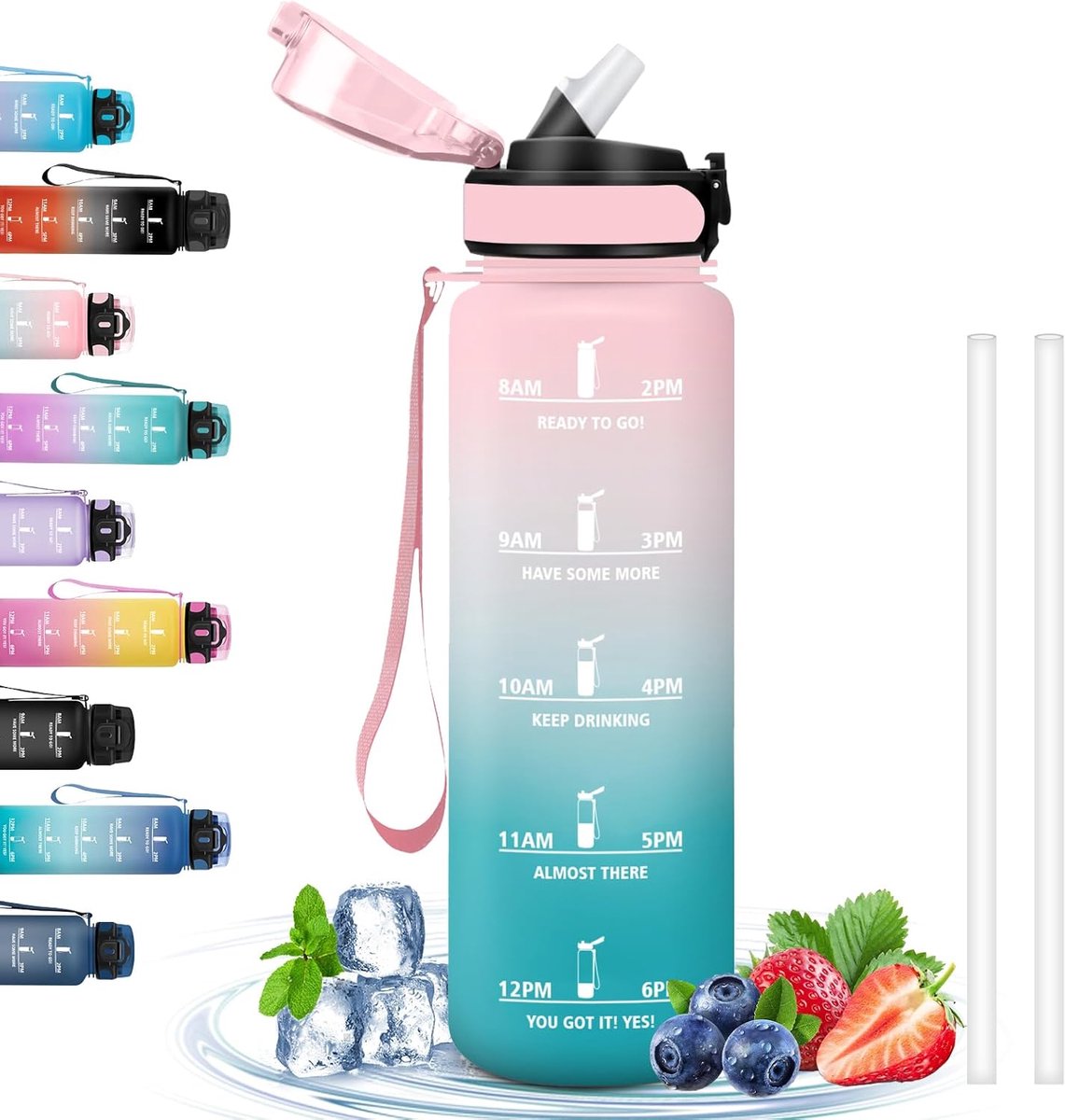 1 liter, lekvrije fitnessfles, motiverende drinkfles met tijdschaal