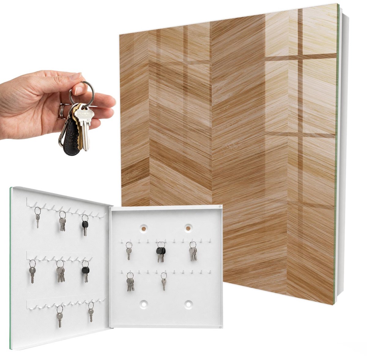 WallMuralia - Sleutelkast - 30x30x5 cm - met 50 haken - Houten Visgraatmotief Sleutelkastje Industrieel - Bruin Sleutelbox - Linksopenend - Wit interieur