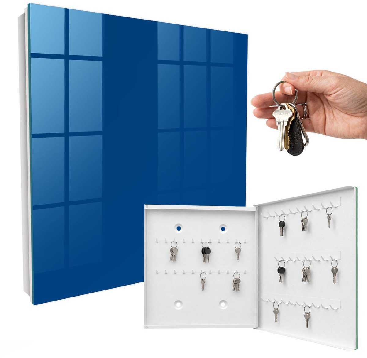 WallMuralia - Sleutelkast - 30x30x5 cm - met 50 haken - Donkerblauw Sleutelkastje Modern - Marine Sleutelbox - Rechtsopenend - Wit interieur