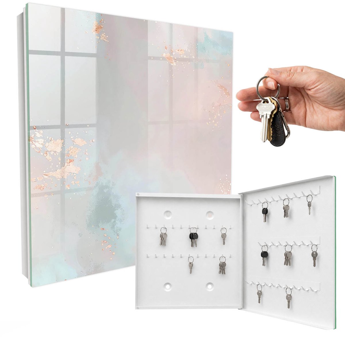 WallMuralia - Sleutelkast - 30x30x5 cm - met 50 haken - Pastel Abstractie Leuk Sleutelkastje - Beige Sleutelbox - Rechtsopenend - Wit interieur
