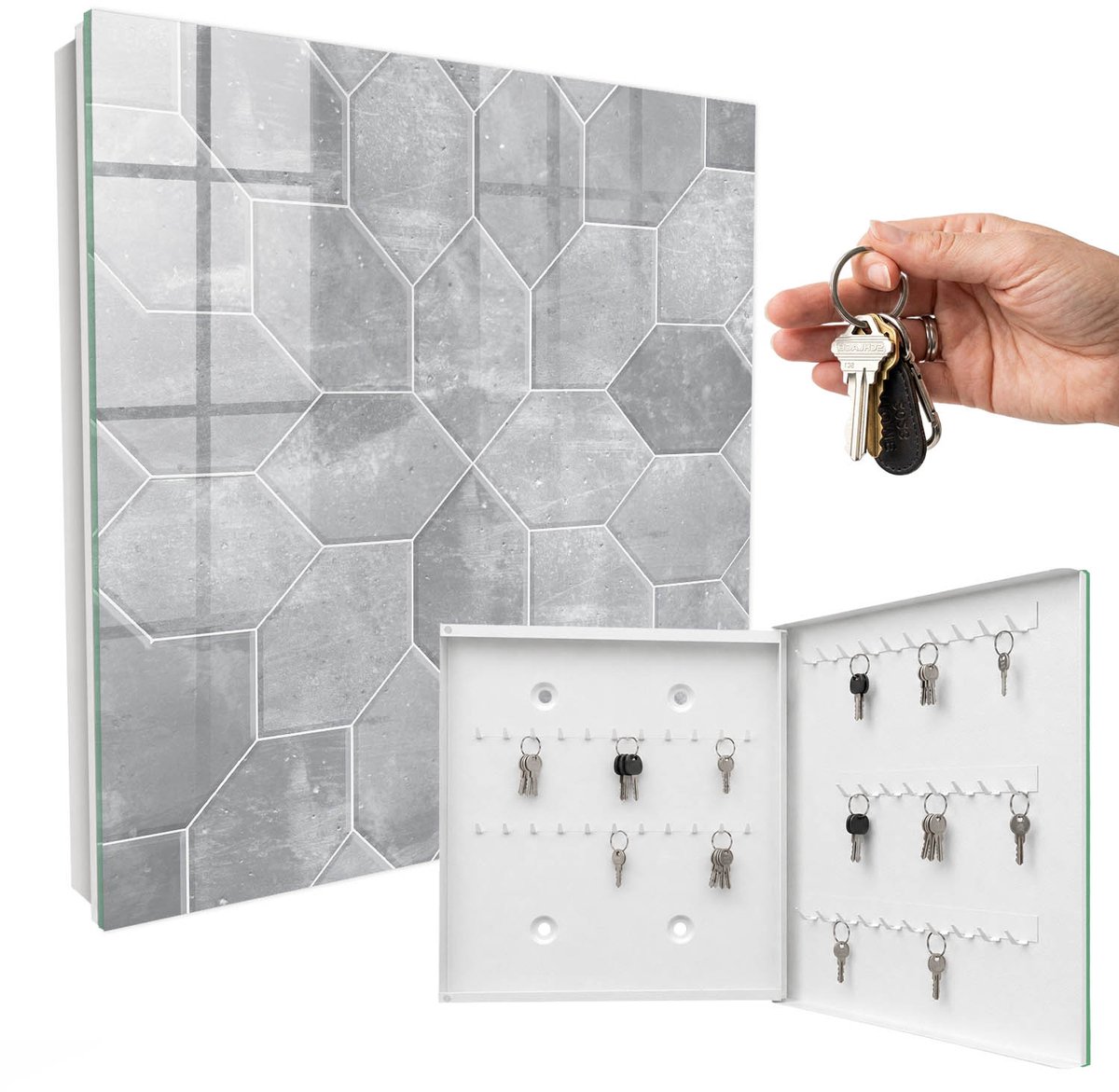 WallMuralia - Sleutelkast - 30x30x5 cm - met 50 haken - Grijze Geometrie Sleutelkastje Modern - Grijs Sleutelbox - Rechtsopenend - Wit interieur