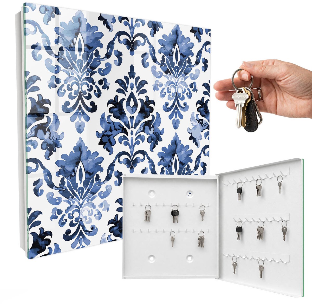 WallMuralia - Sleutelkast - 30x30x5 cm - met 50 haken - Blauwe Ornamenten Sleutelkastje Binnen - Blauw Sleutelbox - Rechtsopenend - Wit interieur