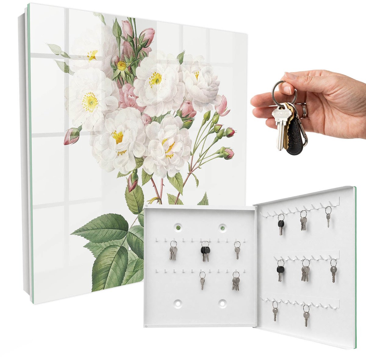 WallMuralia - Sleutelkast - 30x30x5 cm - met 50 haken - Bloemenpracht Sleutelkastje Huis - Wit Sleutelbox - Rechtsopenend - Wit interieur