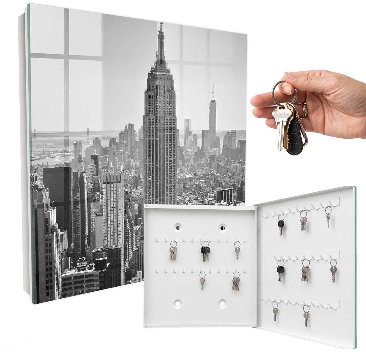 WallMuralia - Sleutelkast - 30x30x5 cm - met 50 haken - Panorama Van De Stad Sleutelkastje Landelijk - Grijs Sleutelbox - Rechtsopenend - Wit interieur