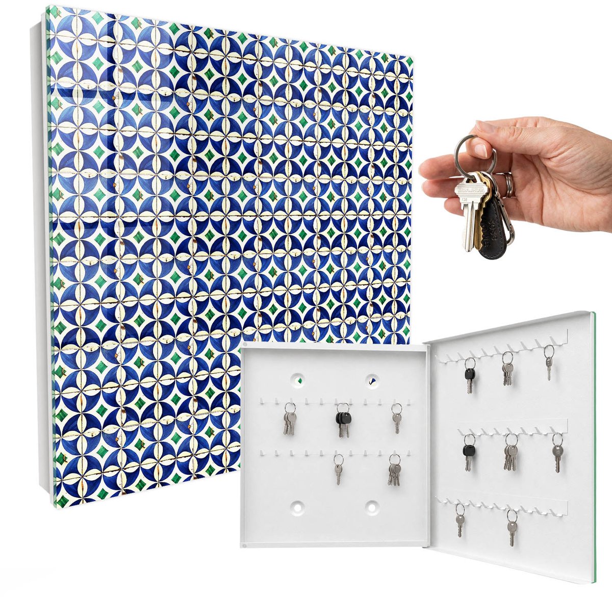 WallMuralia - Sleutelkast - 30x30x5 cm - met 50 haken - Geometrische Abstractie Sleutelkastje Binnen - Blauw Sleutelbox - Rechtsopenend - Wit interieur