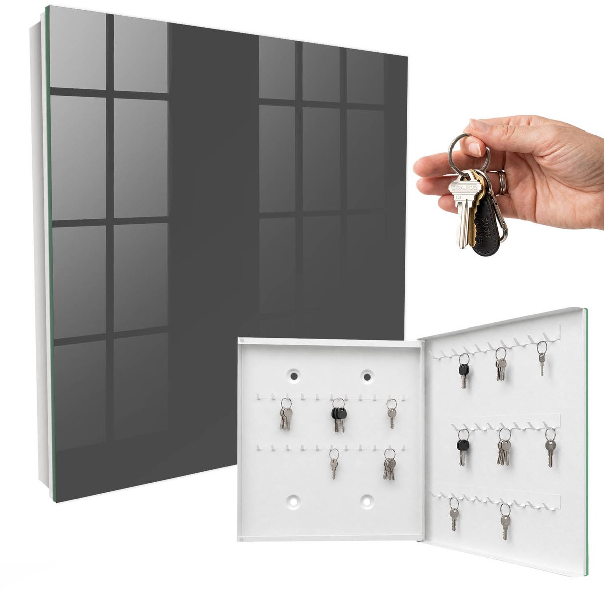WallMuralia - Sleutelkast - 30x30x5 cm - met 50 haken - Donkergrijs Sleutelkastje Industrieel - Grijs Sleutelbox - Rechtsopenend - Wit interieur