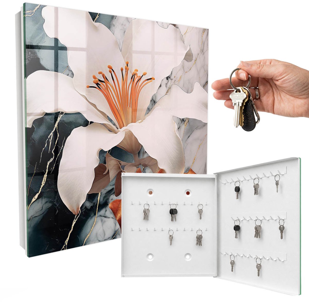 WallMuralia - Sleutelkast - 30x30x5 cm - met 50 haken - Bloemige Elegantie Sleutelkastje Industrieel - Wit Sleutelbox - Rechtsopenend - Wit interieur