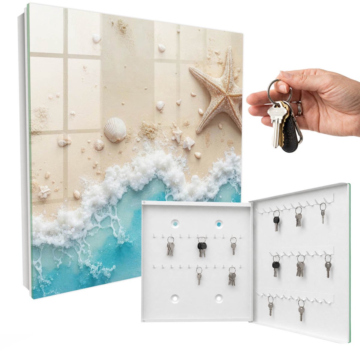 WallMuralia - Sleutelkast - 30x30x5 cm - met 50 haken - Zomerstrand Sleutelkastje Klein - Beige Sleutelbox - Rechtsopenend - Wit interieur