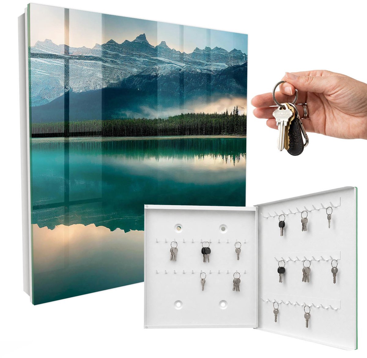 WallMuralia - Sleutelkast - 30x30x5 cm - met 50 haken - Bergreflectie Sleutelkastje Design - Groente Sleutelbox - Rechtsopenend - Wit interieur