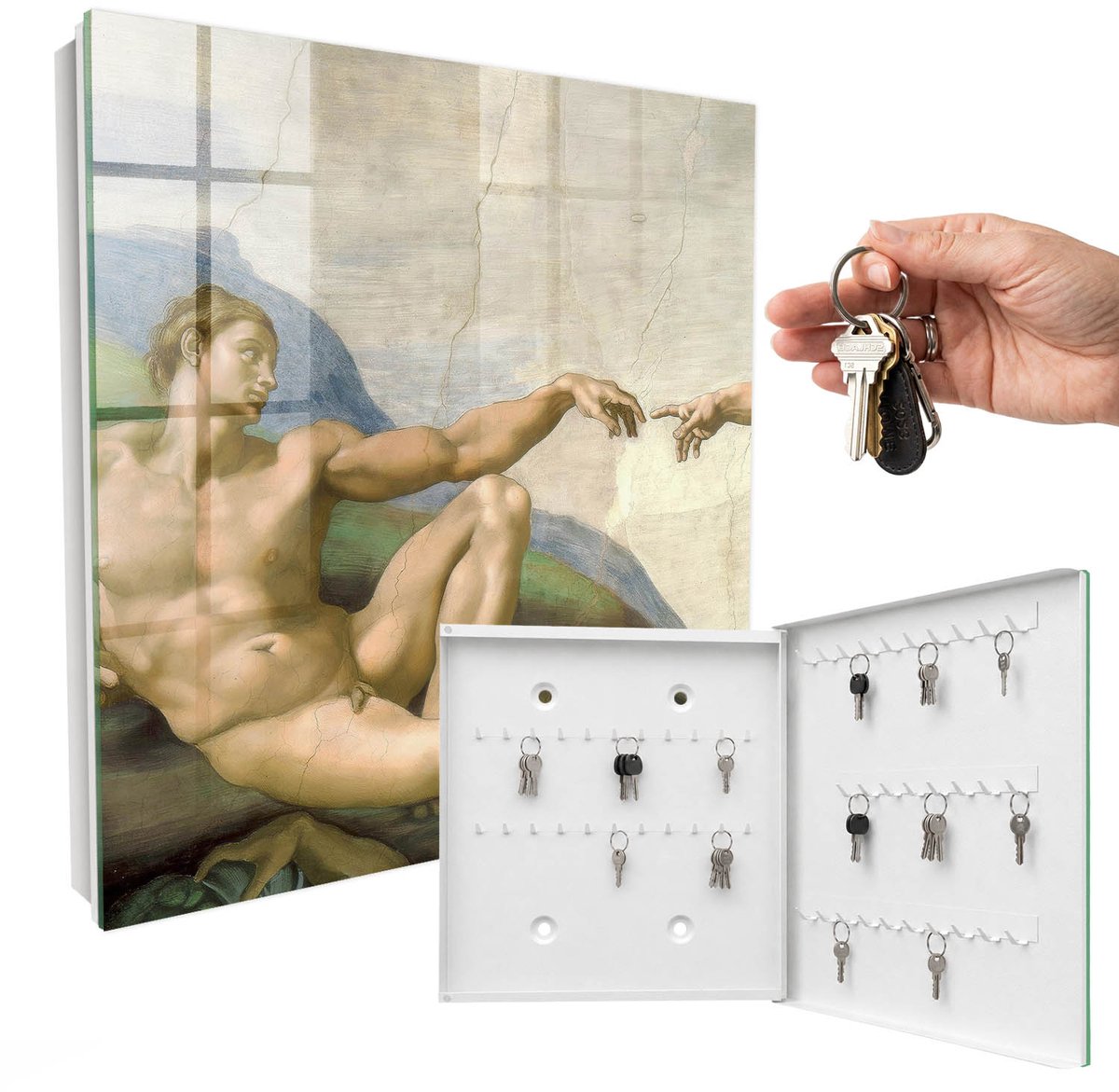 WallMuralia - Sleutelkast - 30x30x5 cm - met 50 haken - Klassieke Kunst Sleutelkastje Design - Beige Sleutelbox - Rechtsopenend - Wit interieur
