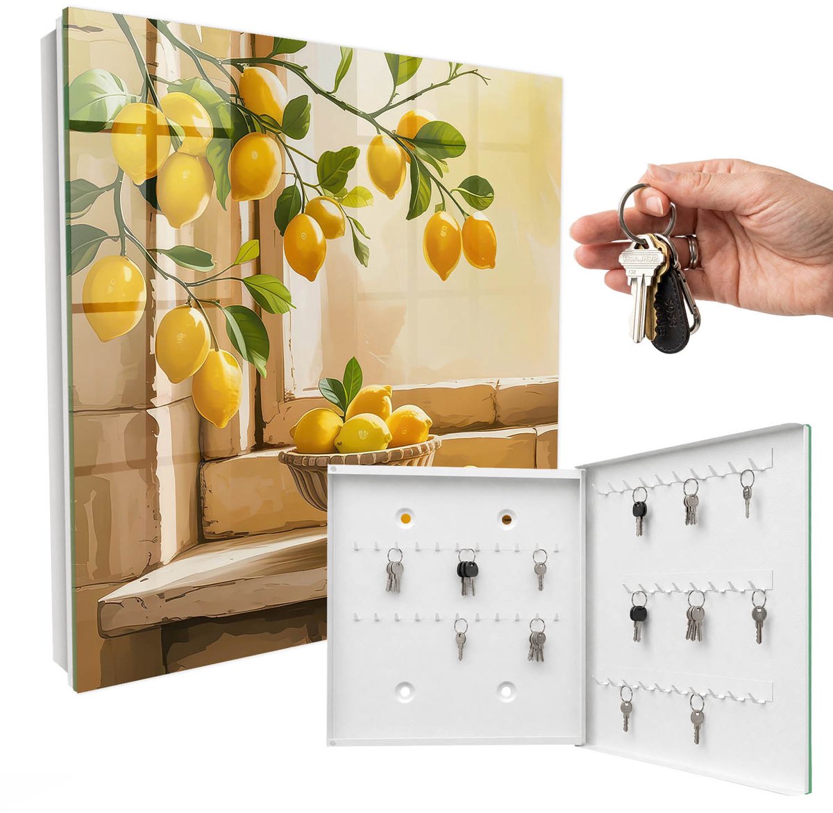 WallMuralia - Sleutelkast - 30x30x5 cm - met 50 haken - Frisse Citroen Sleutelkastje Hal - Geel Sleutelbox - Rechtsopenend - Wit interieur