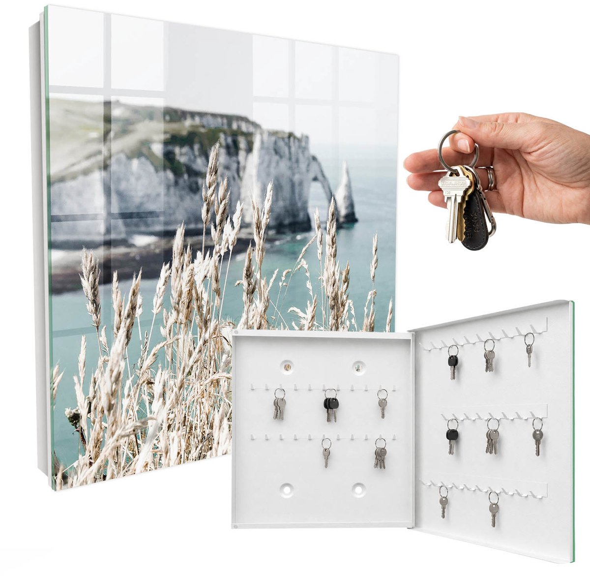WallMuralia - Sleutelkast - 30x30x5 cm - met 50 haken - Kliffen En Graslanden Sleutelkastje Industrieel - Beige Sleutelbox - Rechtsopenend - Wit interieur