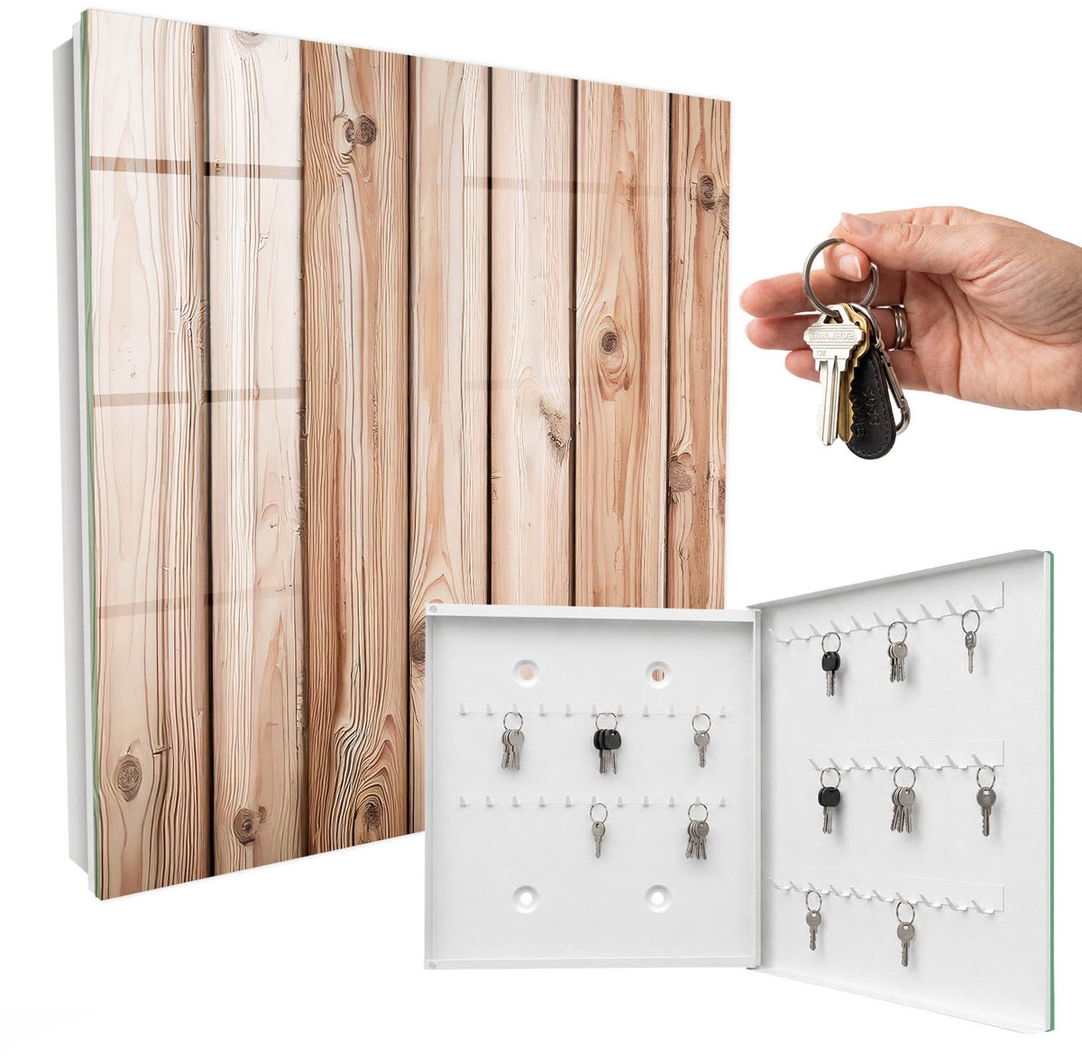 WallMuralia - Sleutelkast - 30x30x5 cm - met 50 haken - Houten Planken Sleutelkastje Klein - Beige Sleutelbox - Rechtsopenend - Wit interieur