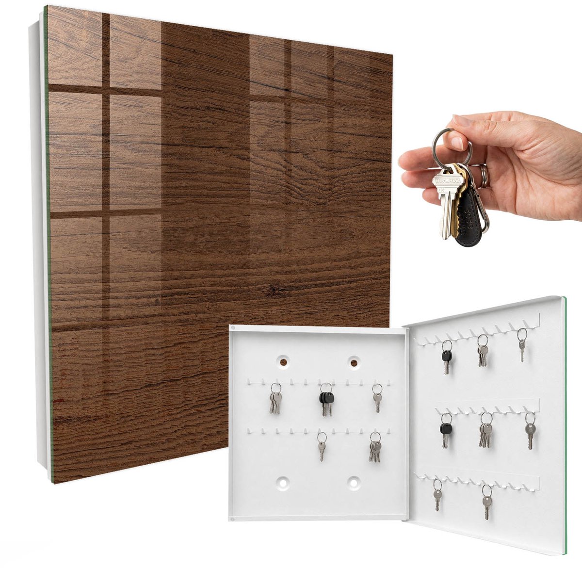 WallMuralia - Sleutelkast - 30x30x5 cm - met 50 haken - Houtstructuur Leuk Sleutelkastje - Bruin Sleutelbox - Rechtsopenend - Wit interieur