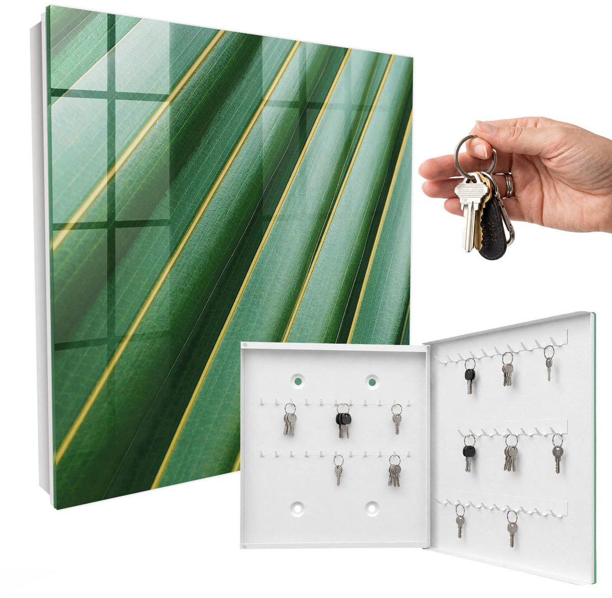 WallMuralia - Sleutelkast - 30x30x5 cm - met 50 haken - Bladpatroon Sleutelkastje Modern - Groente Sleutelbox - Rechtsopenend - Wit interieur
