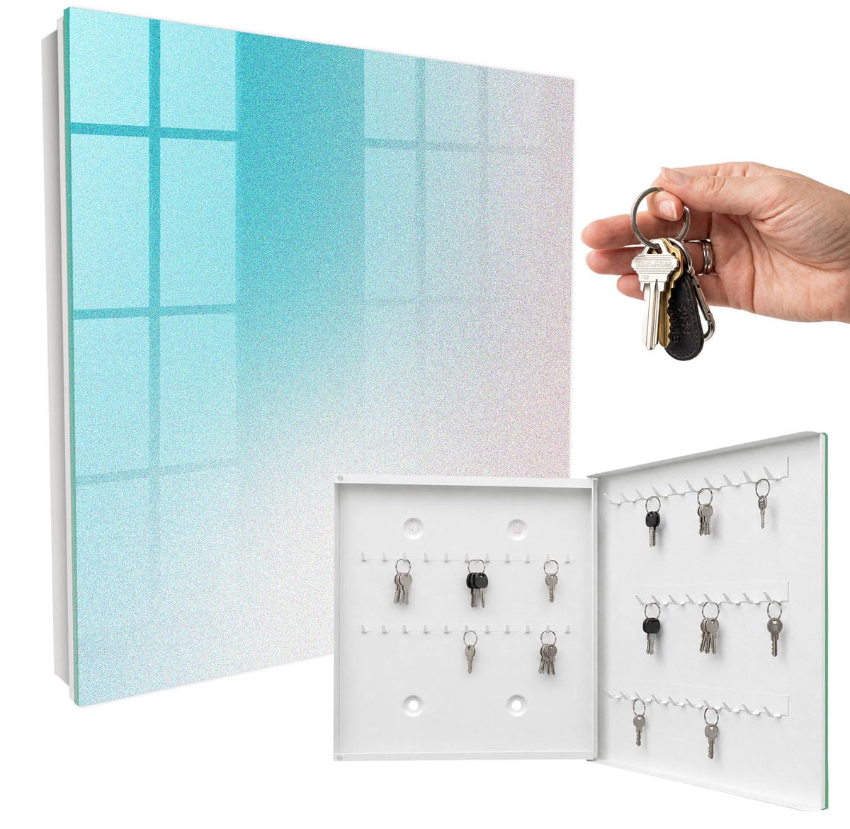 WallMuralia - Sleutelkast - 30x30x5 cm - met 50 haken - Pastelkleurige Overgang Sleutelkastje - Blauw Sleutelbox - Rechtsopenend - Wit interieur