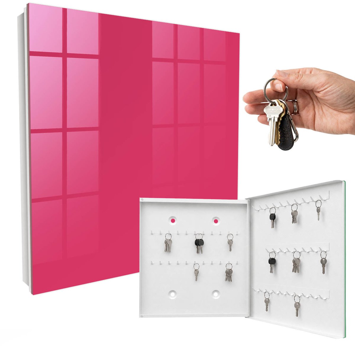 WallMuralia - Sleutelkast - 30x30x5 cm - met 50 haken - Energie Roze Sleutelkastje Landelijk - Roze Sleutelbox - Rechtsopenend - Wit interieur