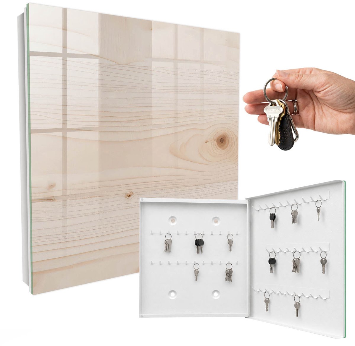 WallMuralia - Sleutelkast - 30x30x5 cm - met 50 haken - Houtstructuur Sleutelkastje Muur - Beige Sleutelbox - Rechtsopenend - Wit interieur